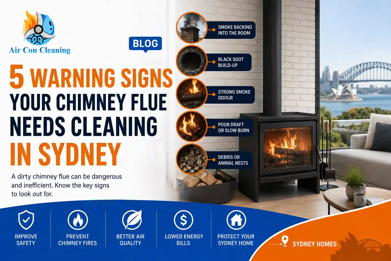 5 warning signs your chimney flue needs cleaning in Sydney, including soot buildup, smoke odour and poor draft