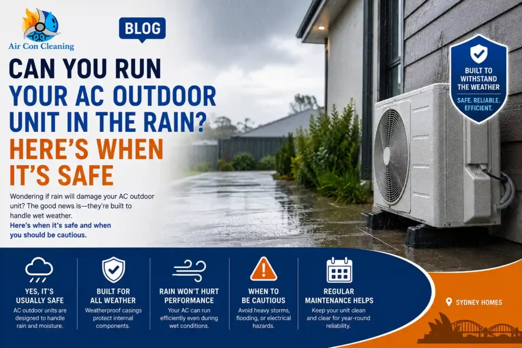 An outdoor AC unit operating safely during rain at a Sydney home, with tips on when running your system is safe.