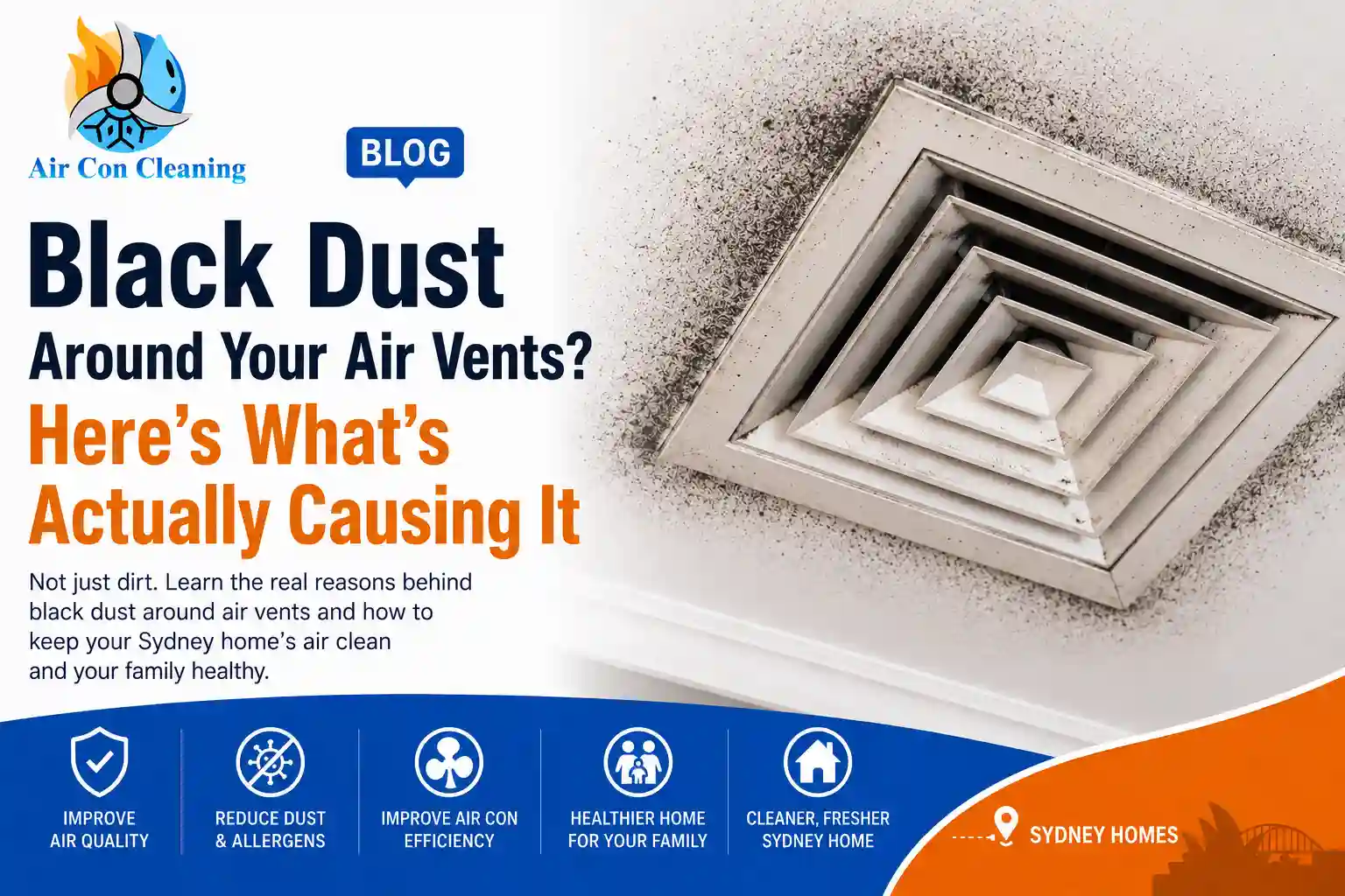 Dirty white ceiling air conditioning vent with black and dark grey dust buildup in a Sydney home