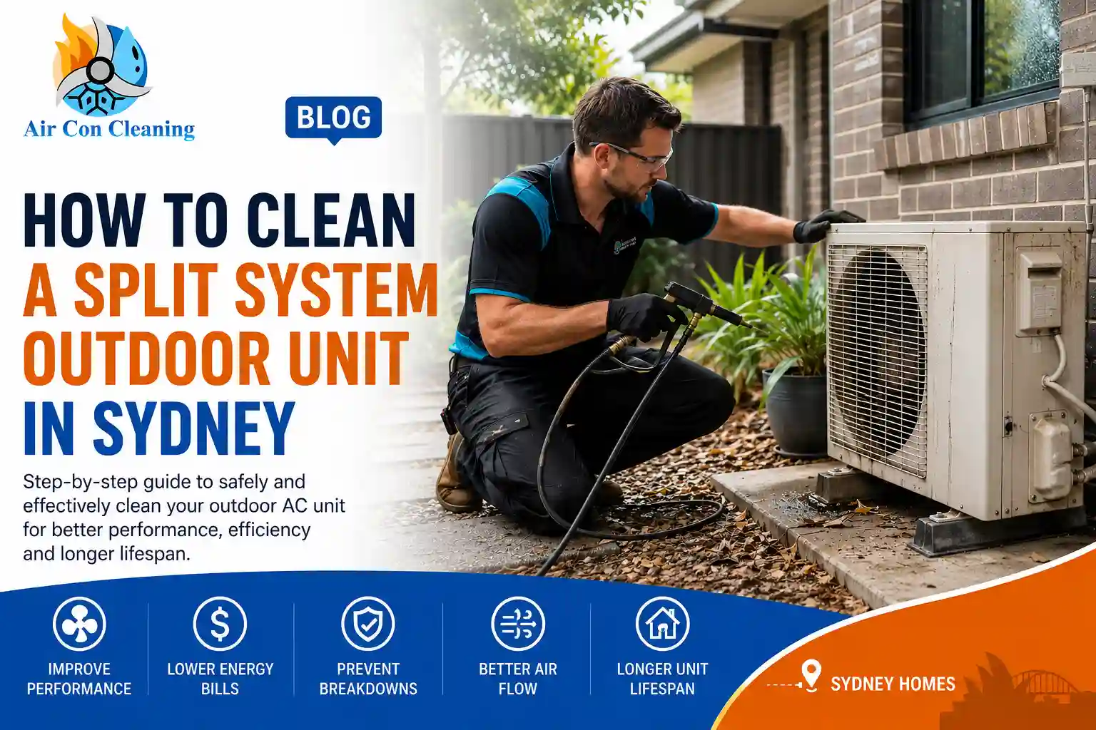 How to clean a split system outdoor unit in Sydney with a technician removing dust and debris